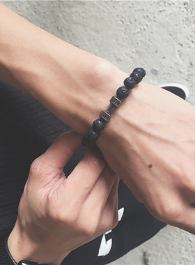 欧美元素潮牌高亮黑哑铃手串情侣磨砂百搭手链健身火山石串珠