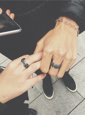 日韩六字真言钛钢转运戒指 男士复古个性情侣食指不掉色指环饰品