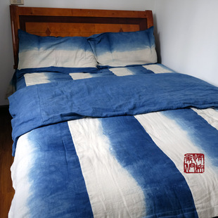 包邮土布家织布四件套床品手织布植物靛蓝染色抗过敏防虫冬暖夏凉