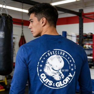 拳击长袖T恤男 BOXING格斗训练服 复古印花衣服  秋冬全棉T恤长袖