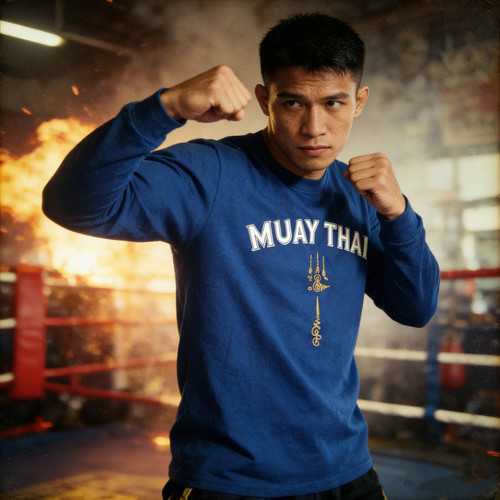 格斗长袖 泰拳文化T恤男  Boxing拳击训练衣服 潮流印花全棉上衣