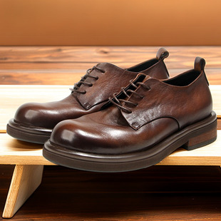 英伦手工皮鞋男士商务休闲真皮大头鞋正装婚鞋固特异厚底德比鞋男