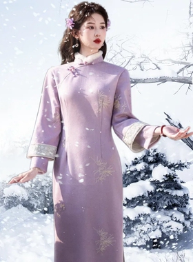 大袖麂皮绒绣花加绒加厚长款紫色修身气质新中式旗袍苏州2025新款