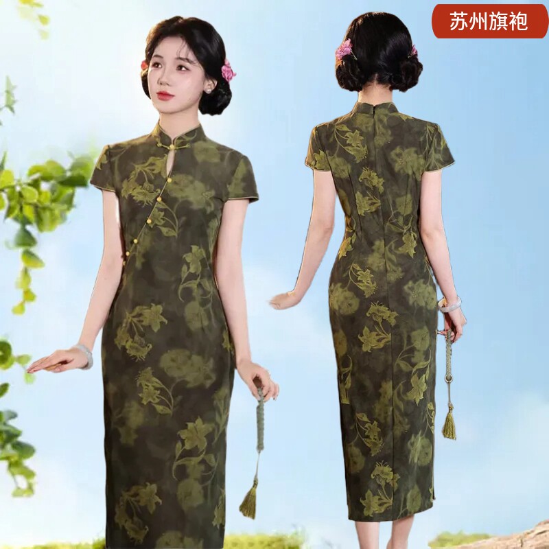 个性珠扣显瘦苏州单层网布旗袍裙
