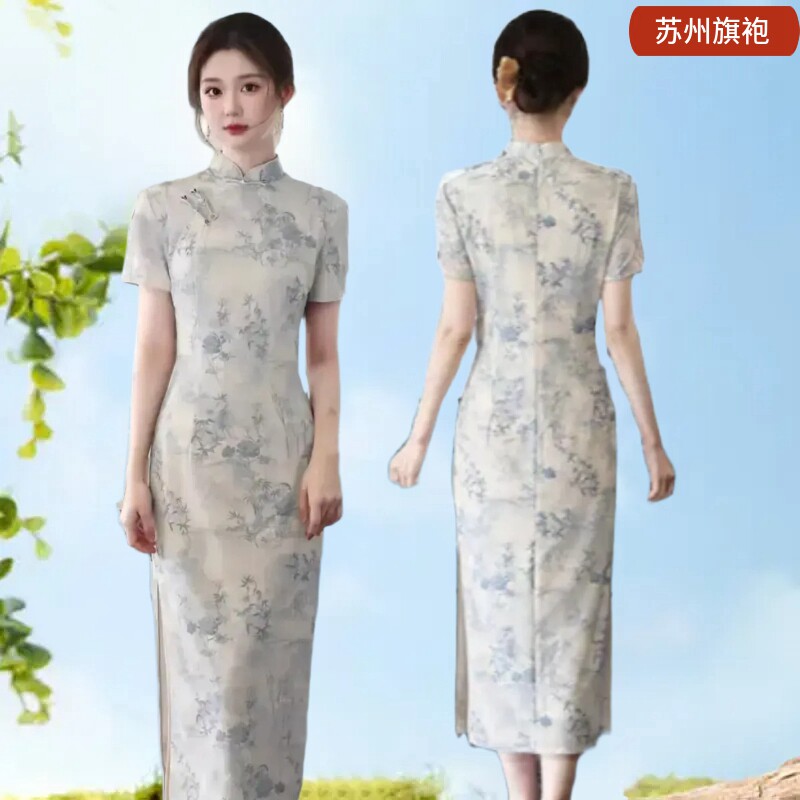 水墨画网纱双层短袖修身苏州旗袍