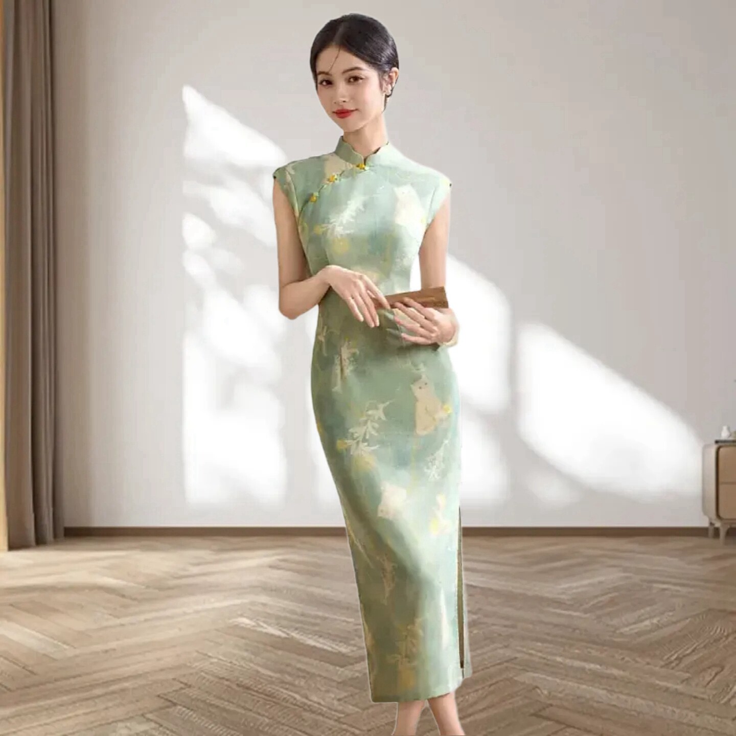 中式仿丝麻低开叉女日常苏州旗袍