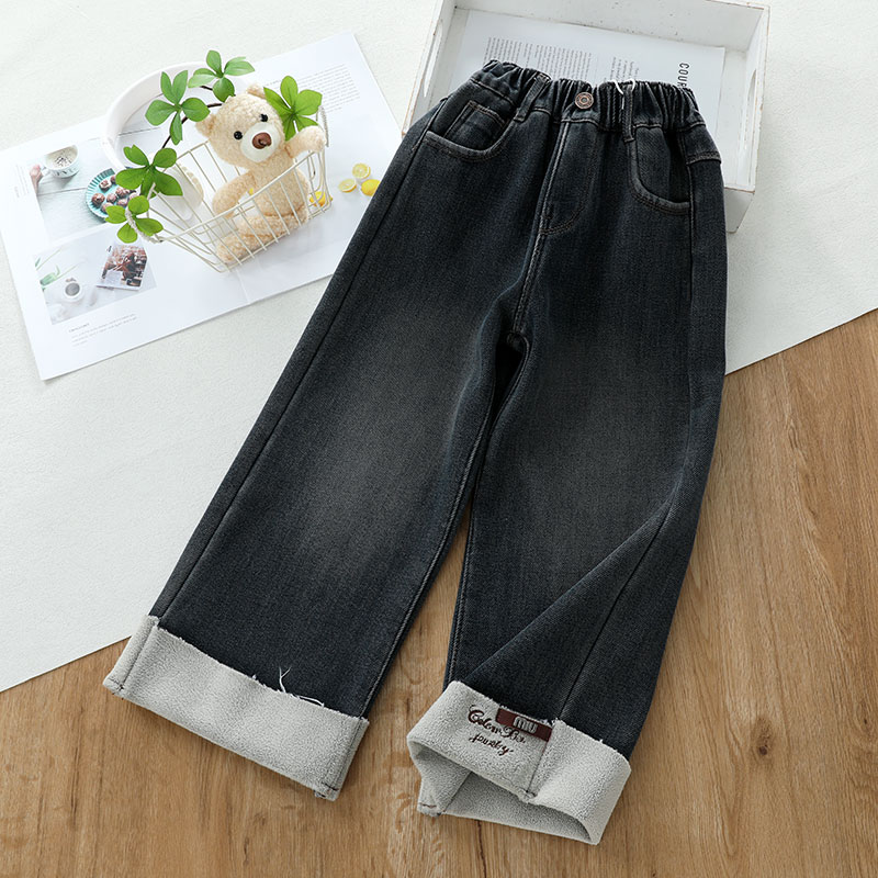 洋气时髦女童牛仔阔腿裤加绒秋冬
