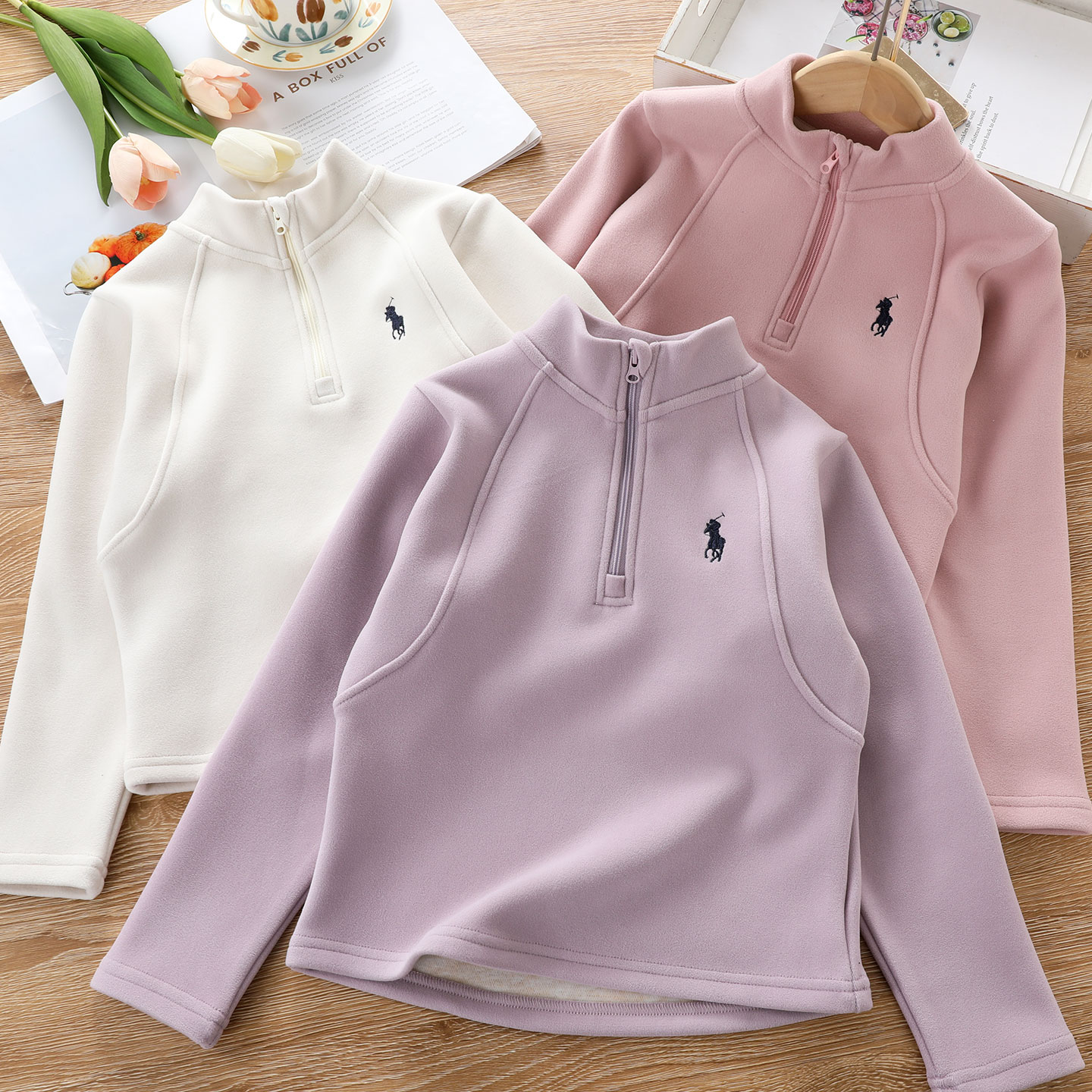 蚕丝羊毛一体绒女童半拉链打底衫