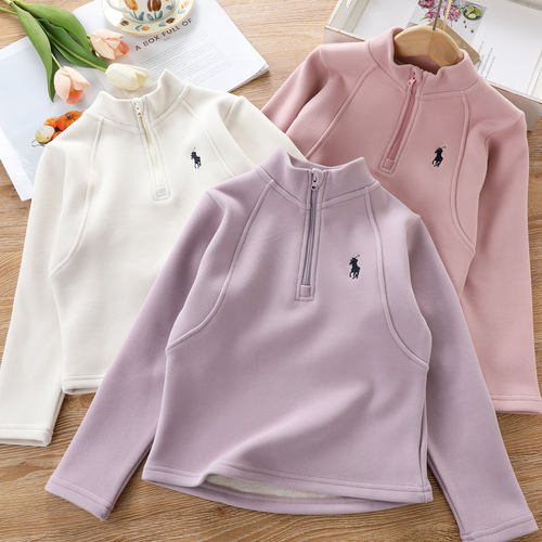 蚕丝羊毛一体绒女童半拉链打底衫