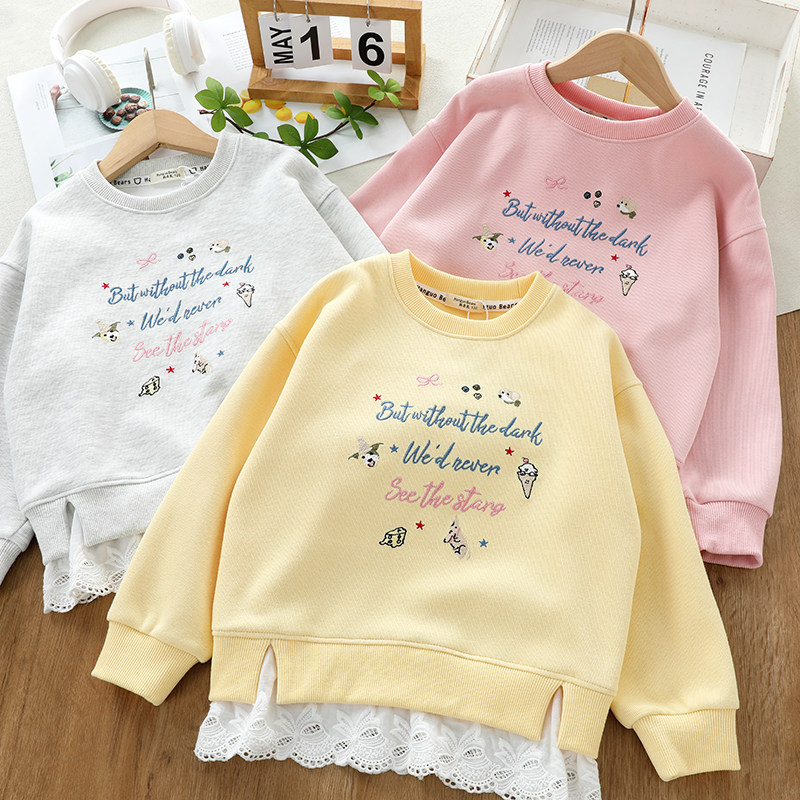 女童蕾丝花边假两件卫衣春装2026新款儿童洋气刺绣长袖休闲上衣