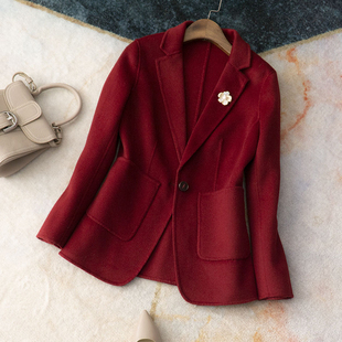 显瘦羊毛外套女 百搭修身 浓郁英伦波尔多酒红色双面尼西装 春冬新品