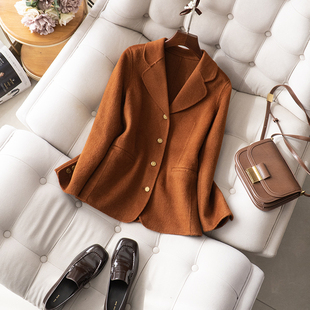复古浓郁焦糖色春冬新品百搭羊毛双面呢西装四粒扣减龄外套上衣女