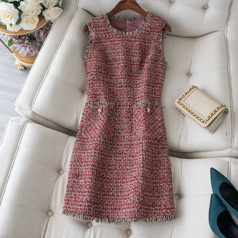经典耀眼羊毛背心裙彩色粗线编织中长裙流苏无袖连衣裙淑女裙春季