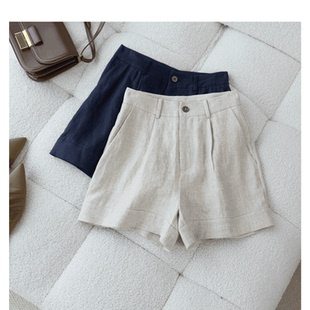短裤女夏 简约通勤人字纹色织100%亚麻裤休闲裤裤子女夏薄款