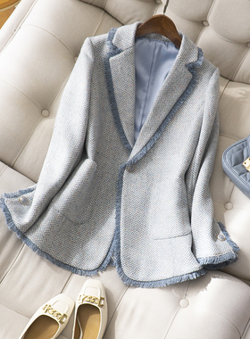 2025春经典编织花呢蓝色彩点拉须设计感通勤OL早春新款西装外套女