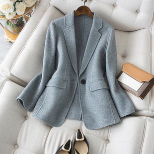 2025春毛呢外套高阶双面呢灰色人字纹小西装 立体剪裁羊绒大衣女