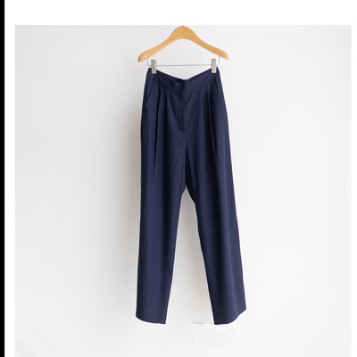 深蓝色亚麻直筒裤长裤女
