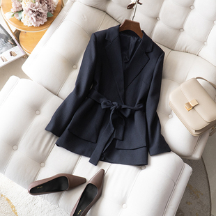 贵气通勤LADY系带百搭藏青纯色长袖 春冬外套女 西客供定制羊毛装