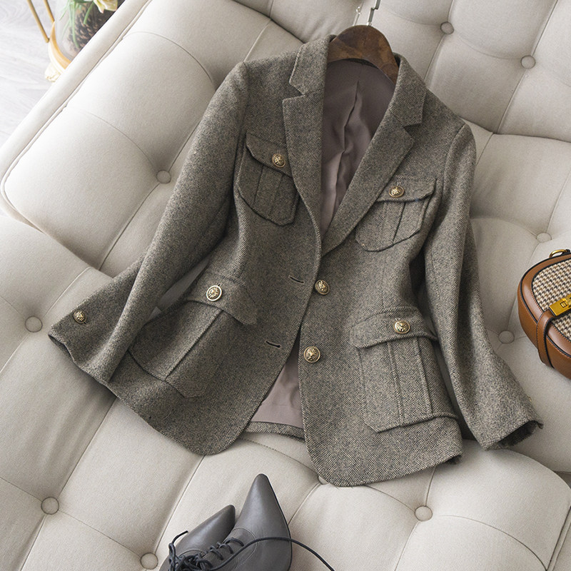 2025春新品毛呢西装外套女复古气质小个子卡其夹花显瘦羊毛外套,女装/女士精品,西装,淘宝优惠券,粉丝福利购,淘宝优惠卷