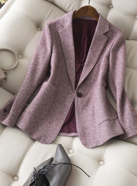 不雷同的美感紫红夹花拼皮袖毛呢西装春冬新品修身显瘦一粒扣外套