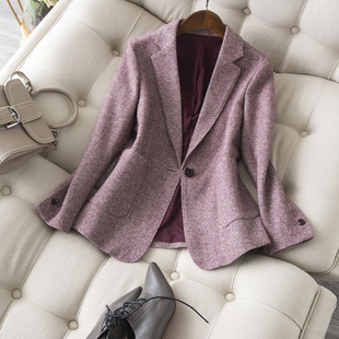 修身 不雷同 春冬新品 毛呢西装 显瘦一粒扣外套 美感紫红夹花拼皮袖