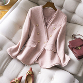 时髦尖货粉色香风花呢特种纱毛呢无领V领拉须外套初春新款 上衣女