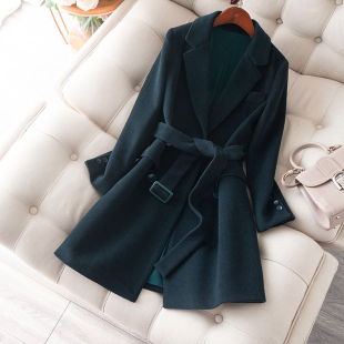 加厚双排扣羊毛外套上衣女 春春新品 沉稳大气黑绿色中长款 毛呢西装