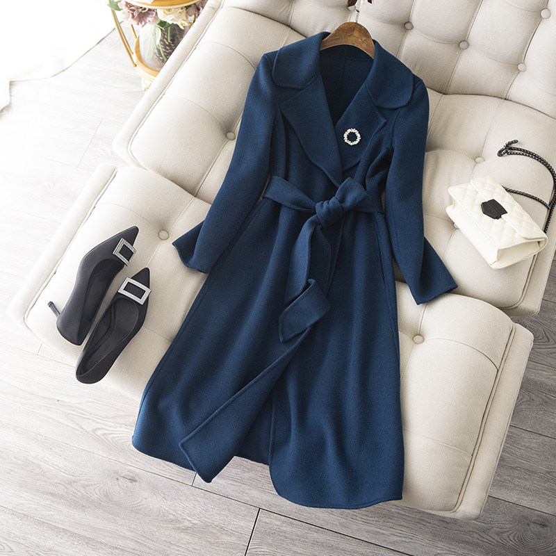 显白黛蓝色双面羊绒修身大衣女秋冬过膝长款显瘦系带子毛呢外套女,女装/女士精品,毛呢外套,淘宝优惠券,粉丝福利购,淘宝优惠卷