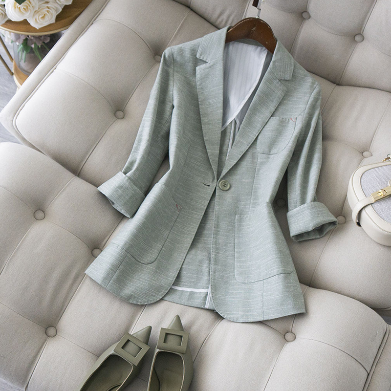 日式夏季西装女薄款外套小个子新款抹茶绿西服清新百搭七分袖上衣