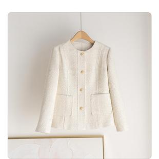 精致法式 立体剪裁羊毛上衣 粗花呢奶白金扣亮丝小香风外套早春新款