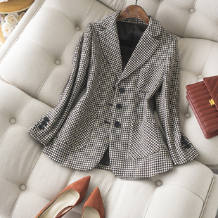 百搭英伦修身 春春新品 高端羊毛外套上衣女 色织千鸟格西装 经典
