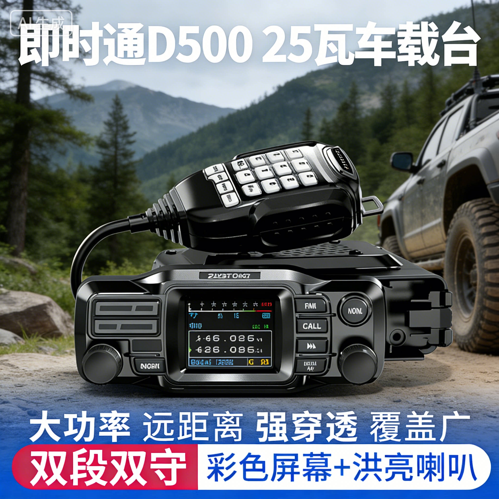 即时通D500车载对讲机UV双频段25W车载电台中文菜单测频迷你车台