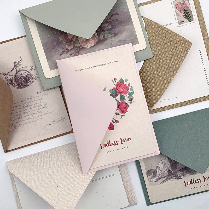 现货可定制情人节复古玫瑰花心形手绘水彩油画明信片花店卡片贺卡