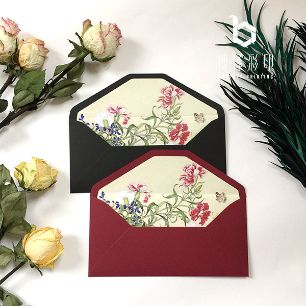 现货国画酒红母亲教师女神节中国风复古内衬图案礼物邀请信封封套