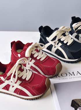 真皮红色超火男童运动鞋子加绒二棉女儿童板鞋2025秋冬季宝宝新款