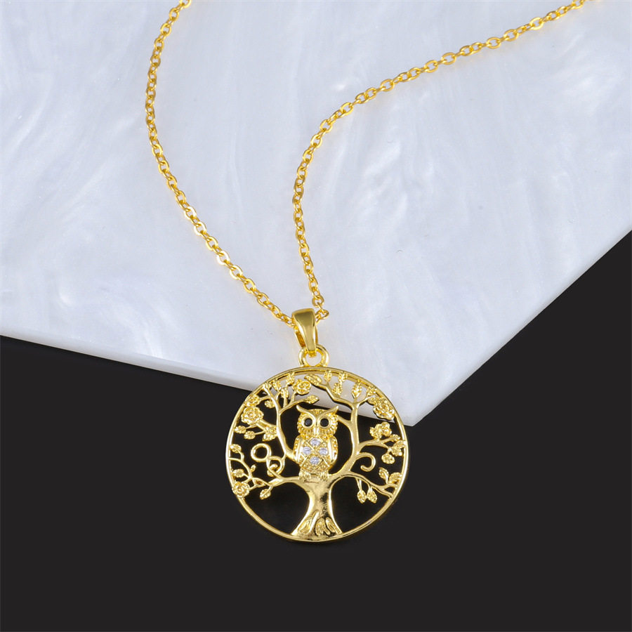 2025思潮新款跨境热销生命树猫头鹰项链 镀金铜吊坠+钛钢链条项链