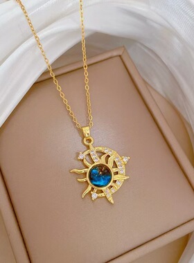 2025秋冬新款钛钢项链轻奢气质华丽满钻蓝色星球项链时尚星月项链