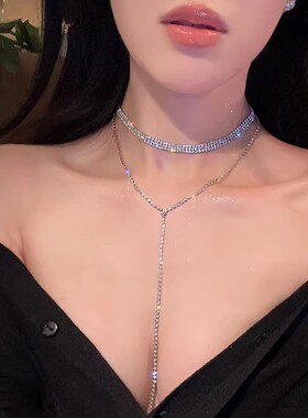共赴晚宴~满钻超闪流苏项链女轻奢小众设计感胸链锁骨链颈链