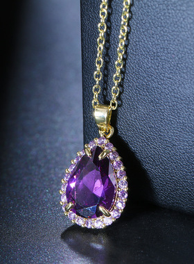 2025思潮秋季新款钛钢项链  女式闪亮紫色水滴形锆石轻奢气质项链