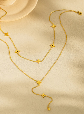 真金电镀通体钛钢双层十字花项链简约气质轻奢感配饰