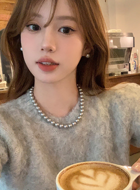 玻璃灰色珍珠项链女轻奢感小众毛衣链2025新款爆款颈链配饰品