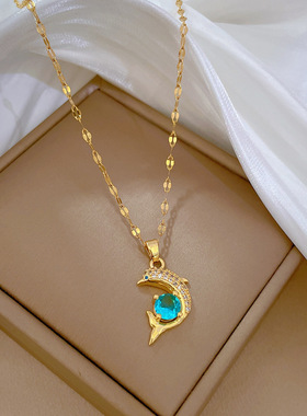 2025秋冬新款钛钢项链 简约气质镶锆石蓝色海豚项链小巧ins毛衣链