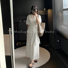 一体纯白调性 随性设计感收腰绑带亚麻衬衫+半身裙长裙两件套装夏