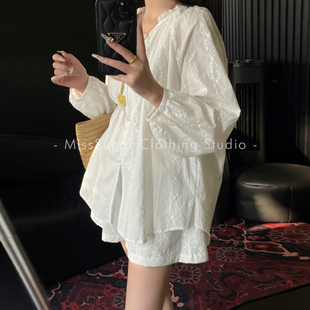 白色蕾丝套装 轻法田园少女 短裤 重工费料100棉 宽松娃娃刺绣衬衫