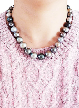 国庆春节礼物大溪地黑珍珠项链养殖海水正圆灰色银色混彩搭配证书