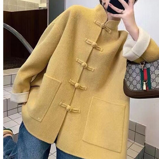 定制新款立领双面呢100羊毛外套中国风盘扣手工双面羊绒大衣女
