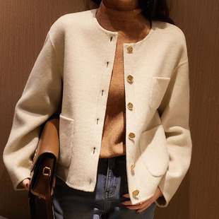 圆领短款双面羊绒大衣女秋冬新款小个气质通勤纯羊毛呢小香风外套