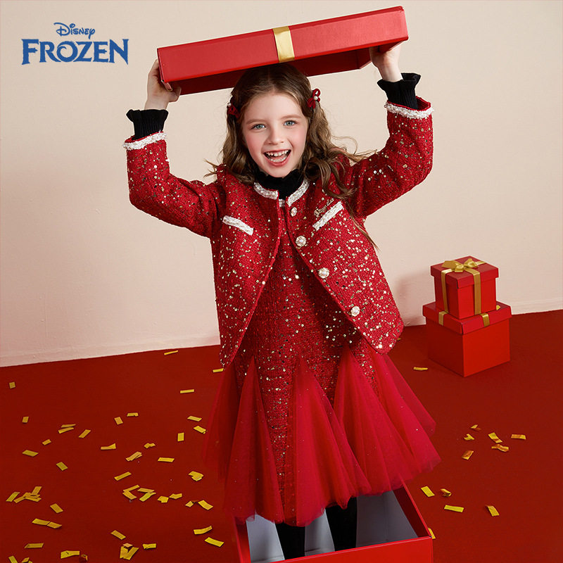 迪士尼童装女童套装冬季小香风亮片冬装儿童服装外套保暖两件套