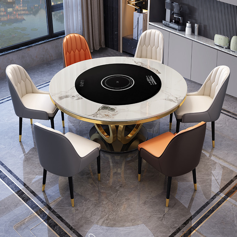 轻奢岩板餐桌椅组合家用饭店电动旋转暖菜板火锅带电磁炉餐厅圆桌,住宅家具,岩板餐桌,淘宝优惠券,粉丝福利购,淘宝优惠卷