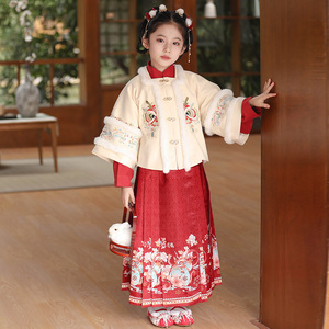 儿童汉服女马面裙套装2023年新款国风冬季加绒童装毛呢明制拜年服